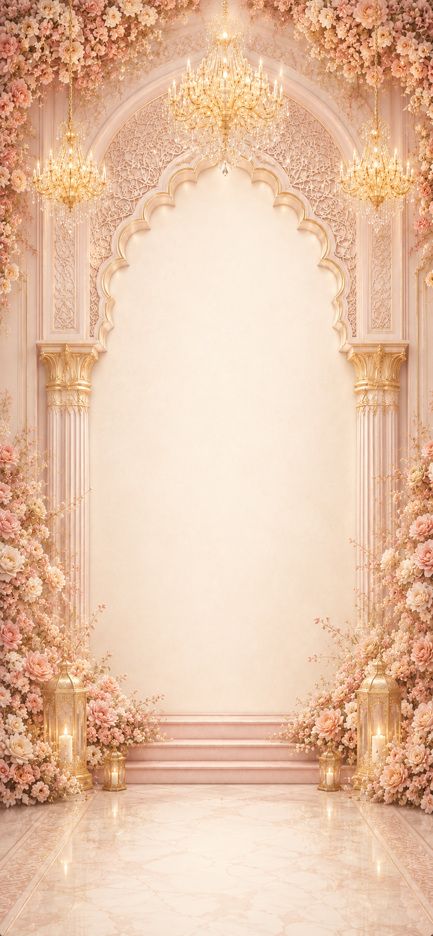 Royal wedding stage with roses and chandeliers